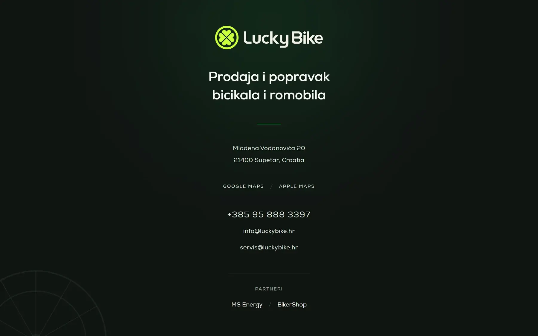 Naslovnica LuckyBike web stranice na tamnoj zelenoj podlozi